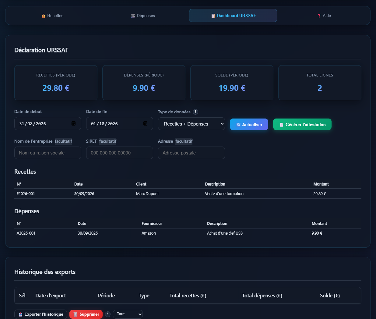 Dashboard URSSAF de Kompta — synthèse par période, totaux recettes, dépenses et solde, bouton de génération de l'attestation